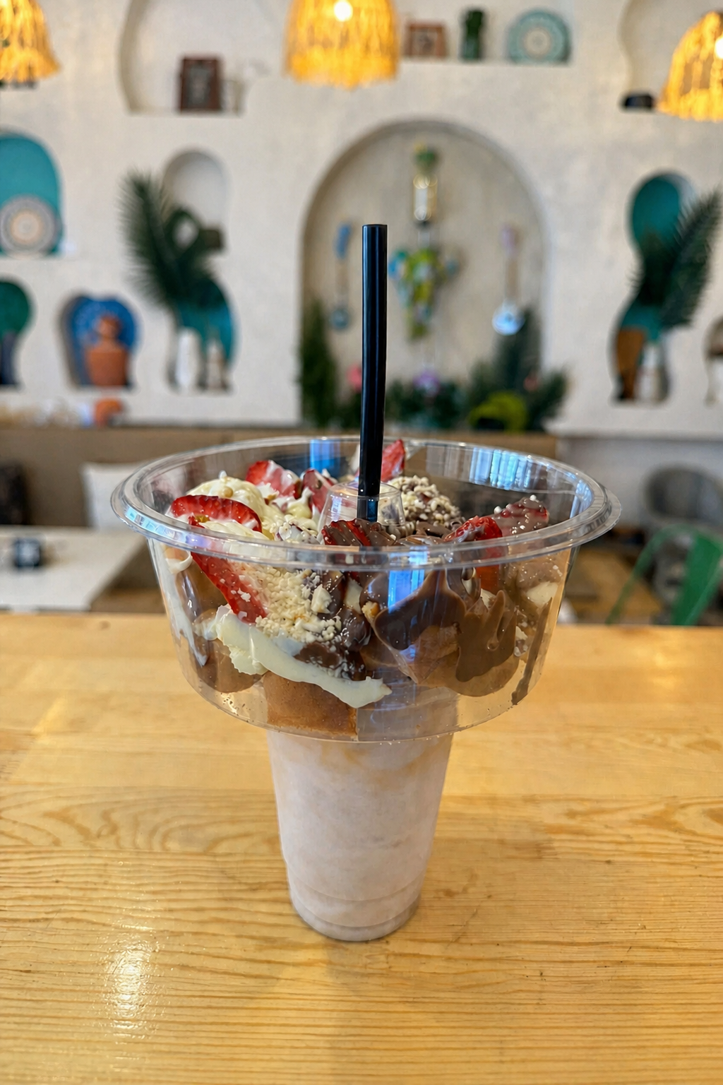 20 Kapak + 400 CC 20 Bardak + 20 Pipet Pratik Sunum Seti | Çift Katlı Tatlı & İçecek Sunum Aparatı | Waffle, Smoothie, Meyve Sunum Bardağı