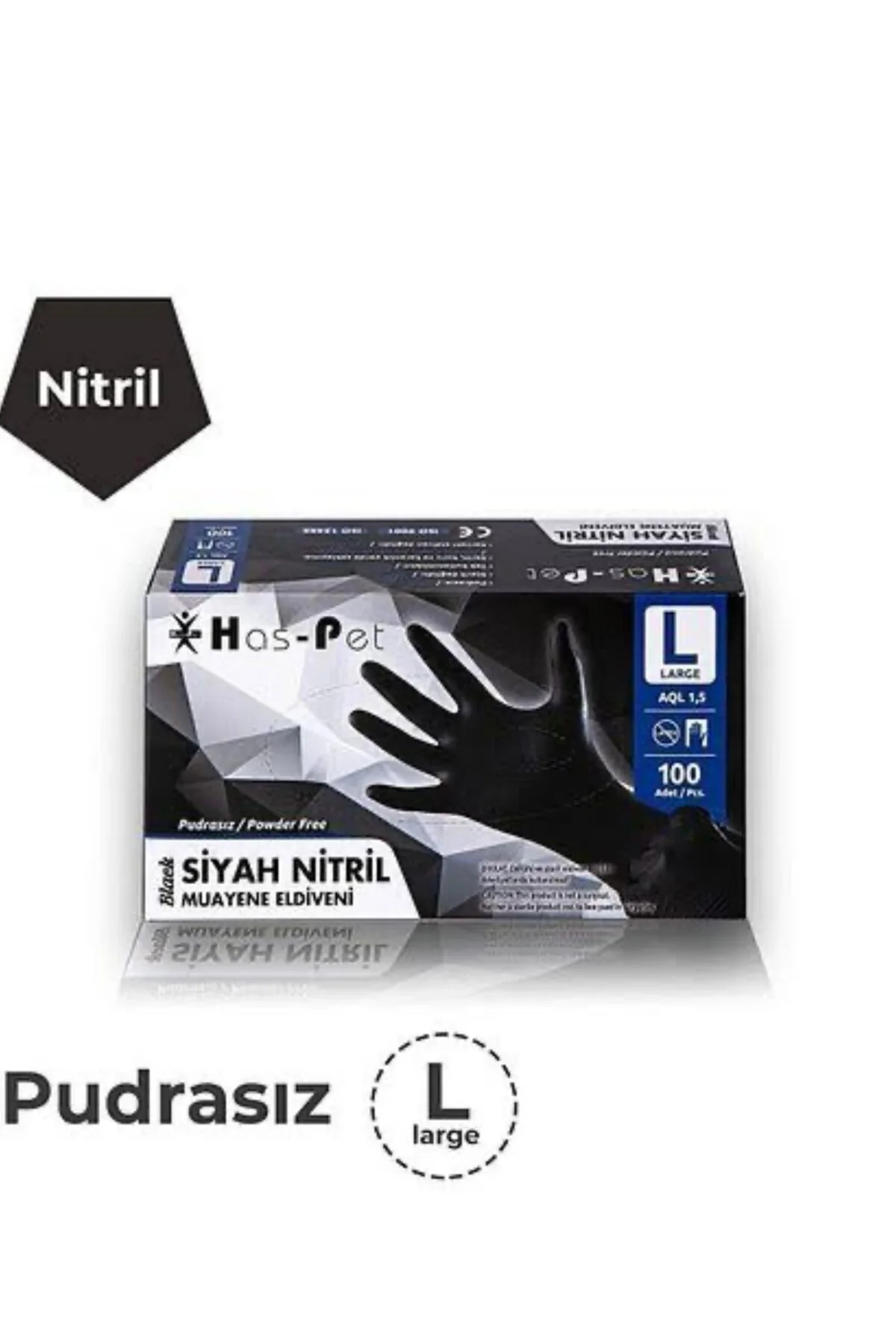 Siyah Nitril Pudrasız Eldiven 100'lü L Beden 1 Paket — Hijyenik Eldiven