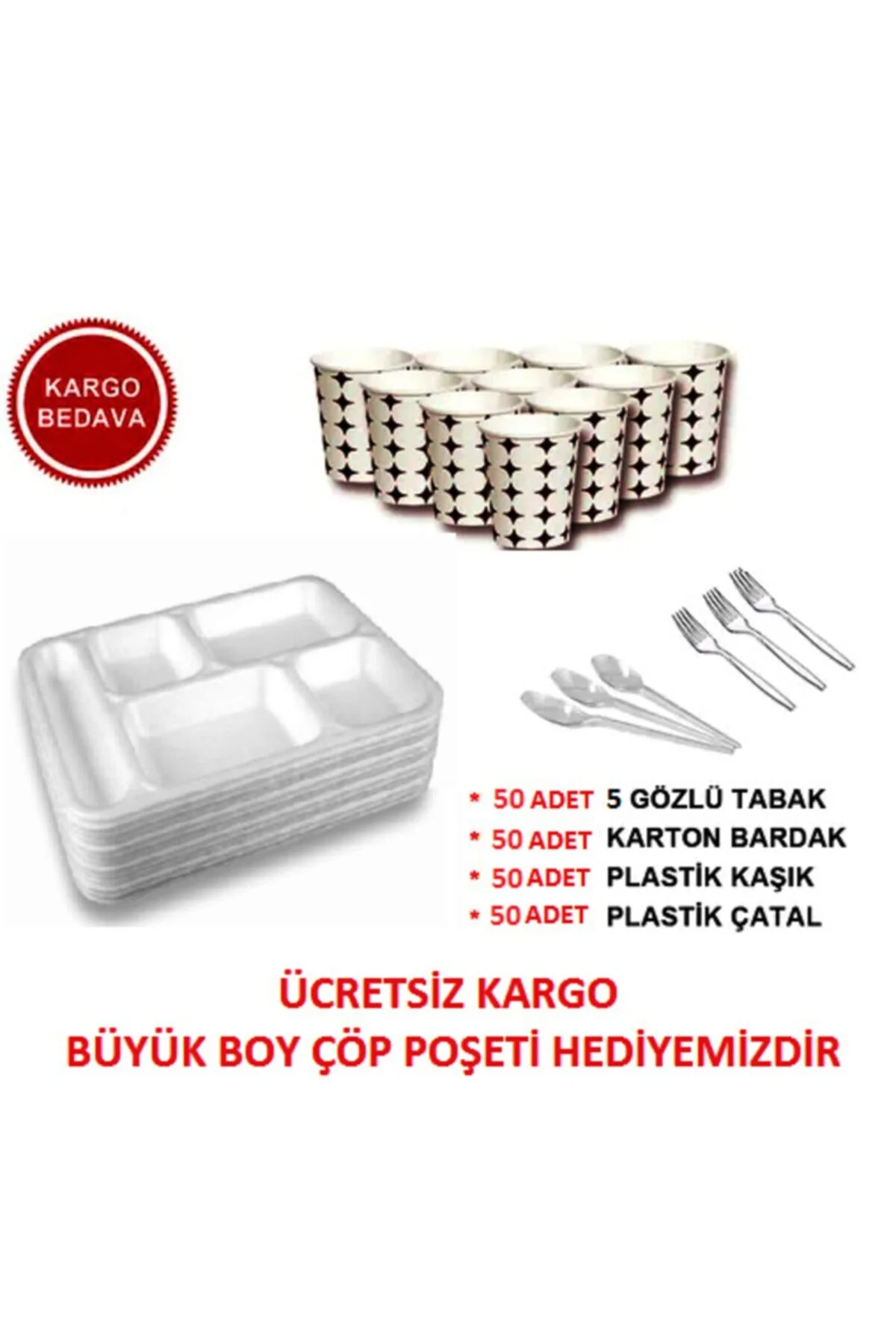 5 Gözlü Köpük Tabak Kaşık Çatal Karton Bardak Lüx Düğün Set 50 Adet — Kase