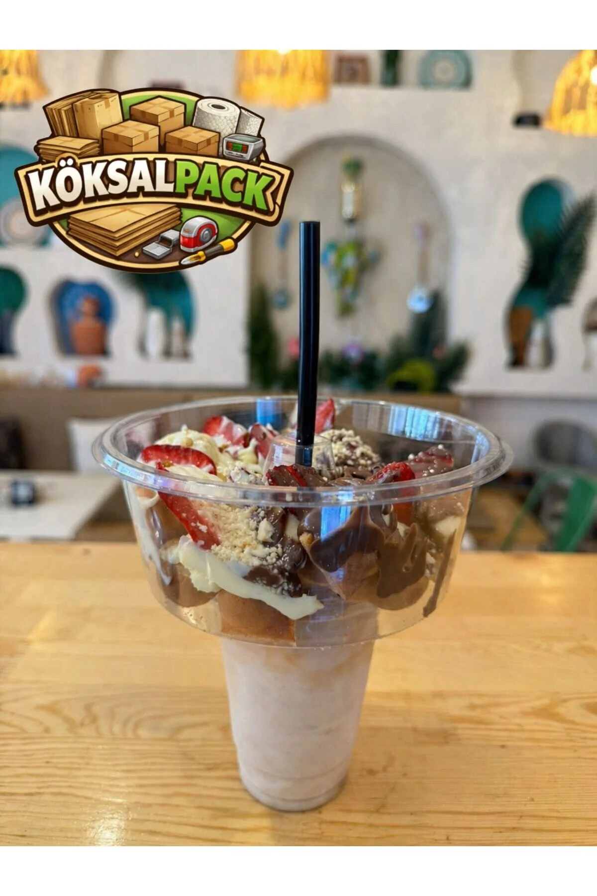 5’li Set (5 Kapak + 400 cc 5 Bardak + 5 Pipet) Pratik Sunum Seti | Çift Katlı Tatlı & İçecek Sunum Aparatı | Waffle, Smoothie, Meyve Sunum Bardağı — Plastik Bardak