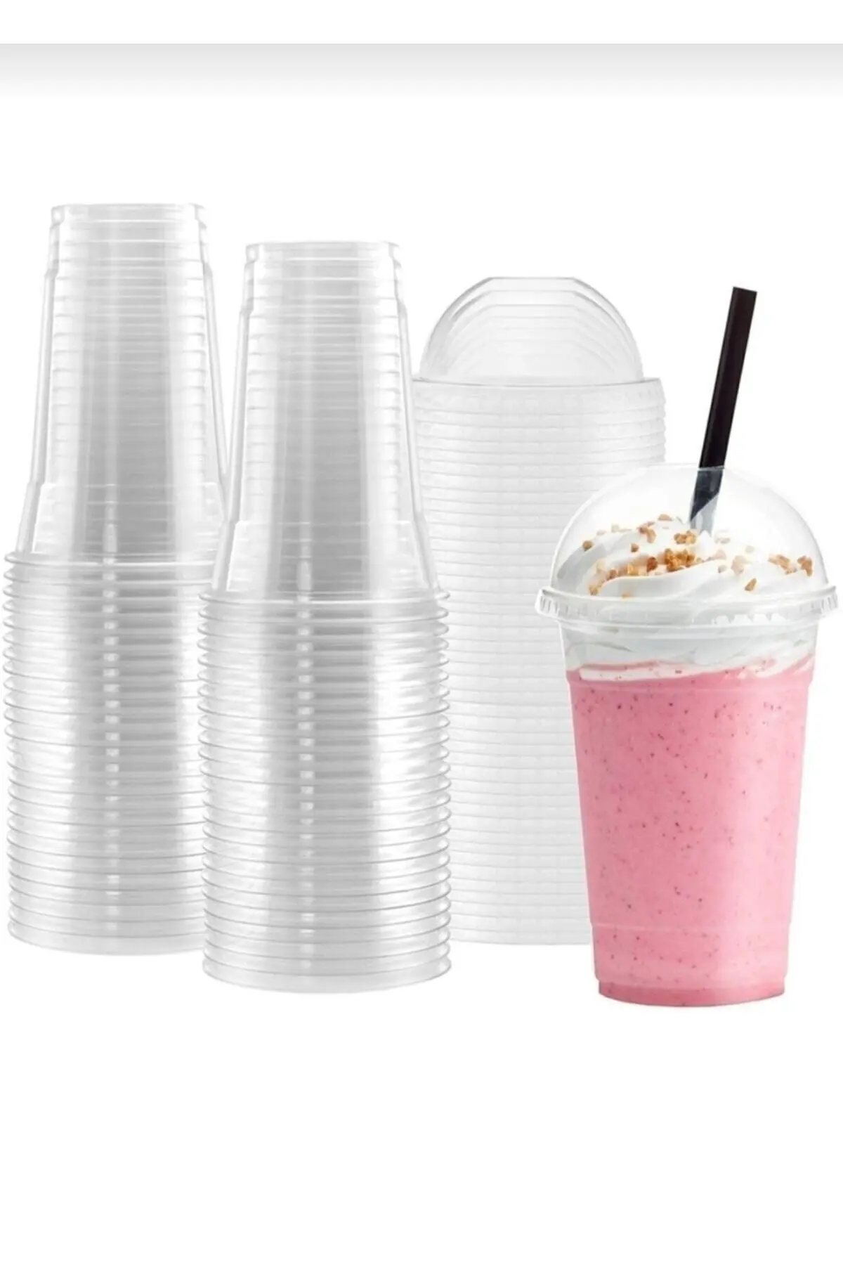 Pipet Hariç 350 Cc Plastik Pet Limonata Milkshake Bardağı Kapaklı 50li Bardak — Bardak