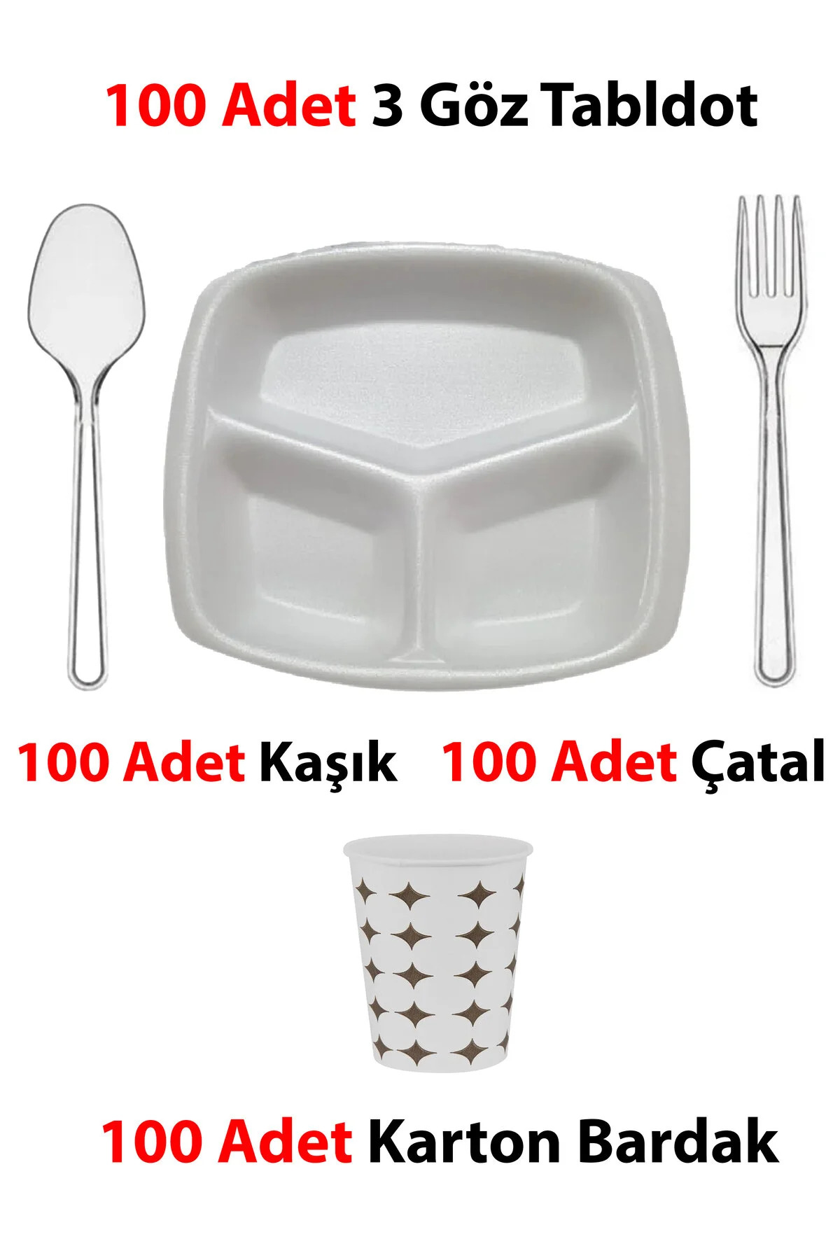 100 Adet Üç Gözlü Tabldot - 100 Plastik Çatal, 100 Plastik Kaşık, 100 Karton Bardak — Ev Tüketim Malzemesi