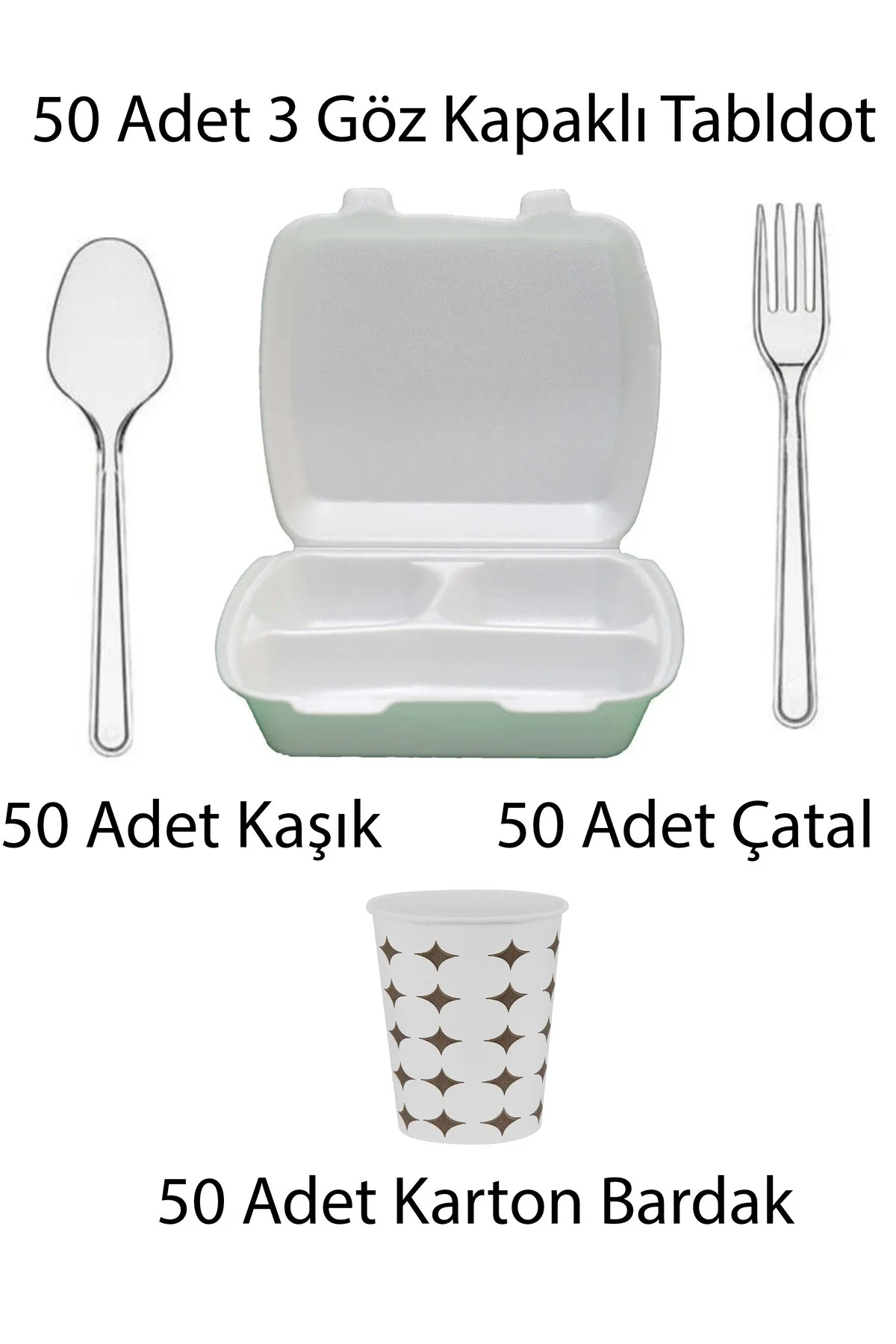 50 Adet 3 Göz Köpük Kapaklı Tabldot, 50 Kaşık, 50 Çatal, 50 Karton Bardak Seti — Pişirme ve Servis Malzemesi