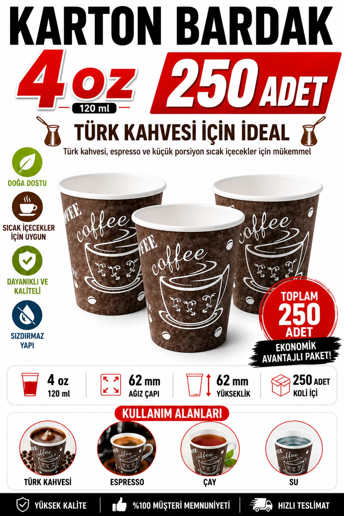 4 Oz Karton Bardak 250 Adet Küçük Boy (Türk Kahvesi̇,Espresso Boyu) 120ml — Plastik Bardak