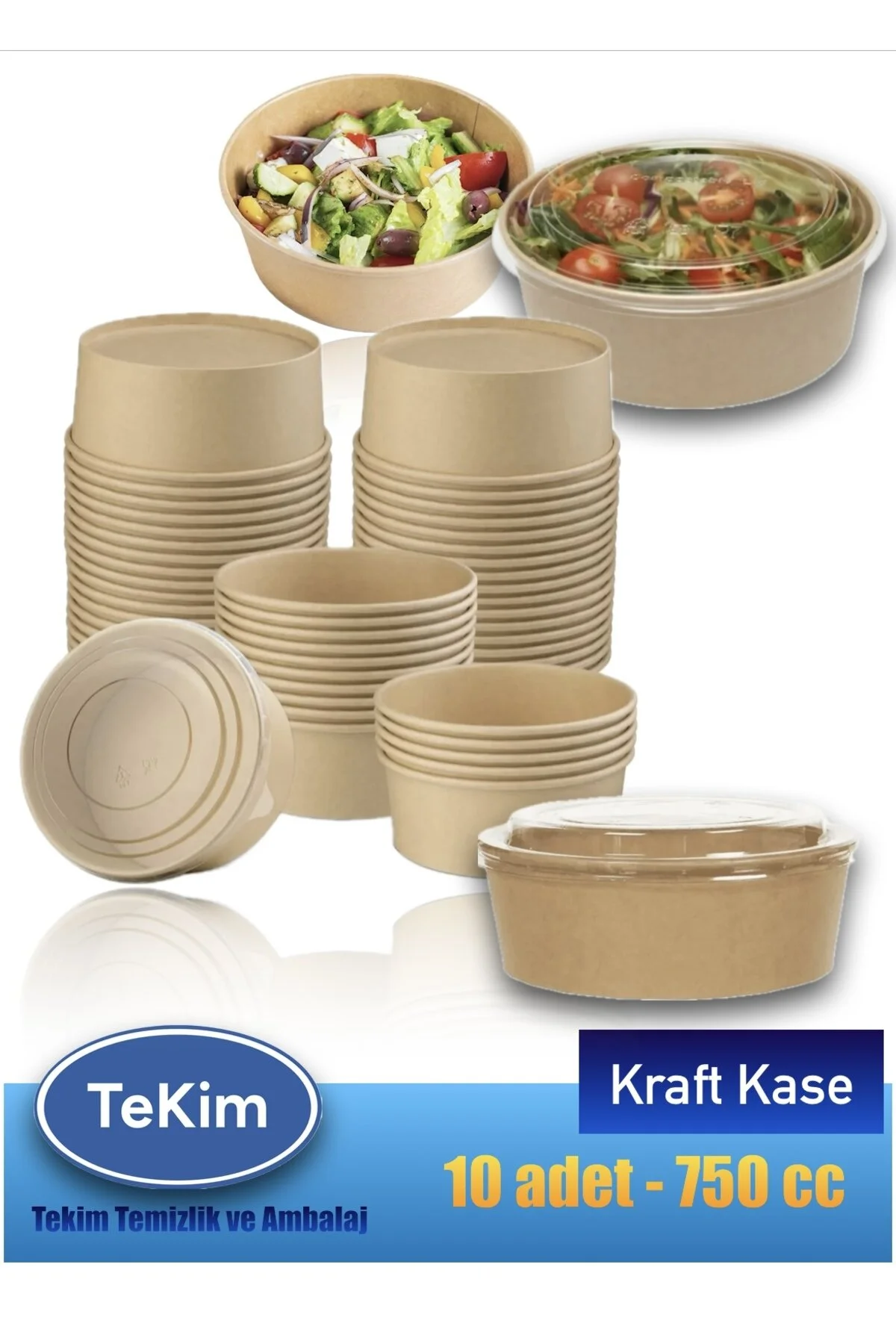 Kraft Karton Kapaklı Salata, Bowl, Makarna Kasesi 750 cc 10 Adet — Ev Tüketim Malzemesi