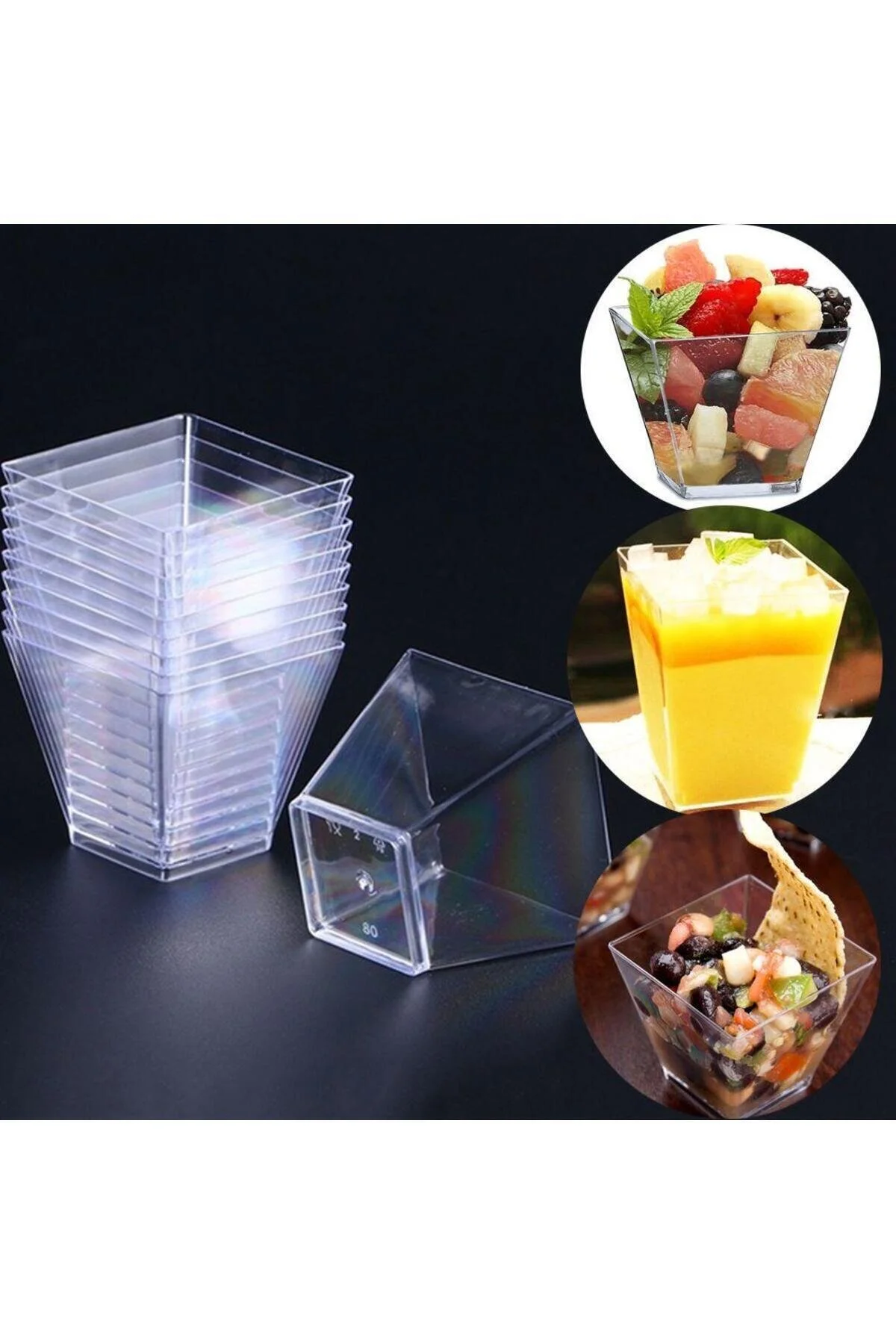 Kübik Prizma Mika Plastik Şeffaf Kapaksız Sunum Kabı 200 Cc 25 Adet Tatlı Meze Ve Salata Kasesi — Plastik Bardak (2)