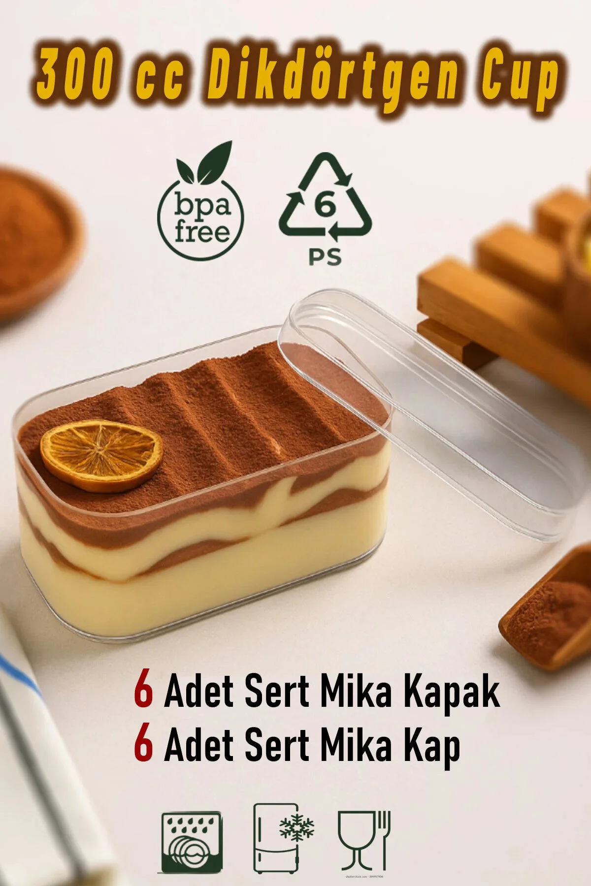 6'lı Tiramisu Cup 300 cc Mika Kase Plastik Şeffaf Kapaklı Sunum Kabı Tatlı & Meze Ve Salata Kap — Kase